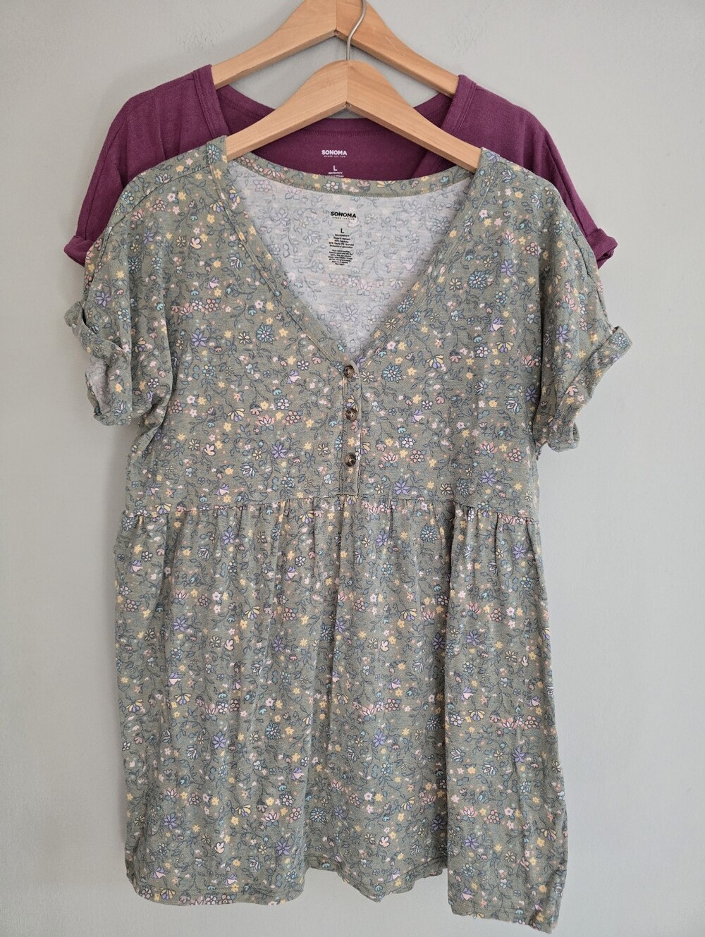 2 Sonoma Maternity/ Nursing Tops, Sage Green Floral + Plum, Large